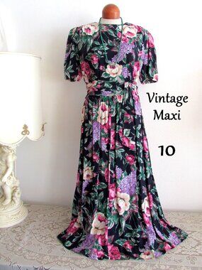 TEA PARTY DRESS, 10, VINTAGE MAXI, 1980s FLORAL w SHORT SLEEVES, JANE SINGER